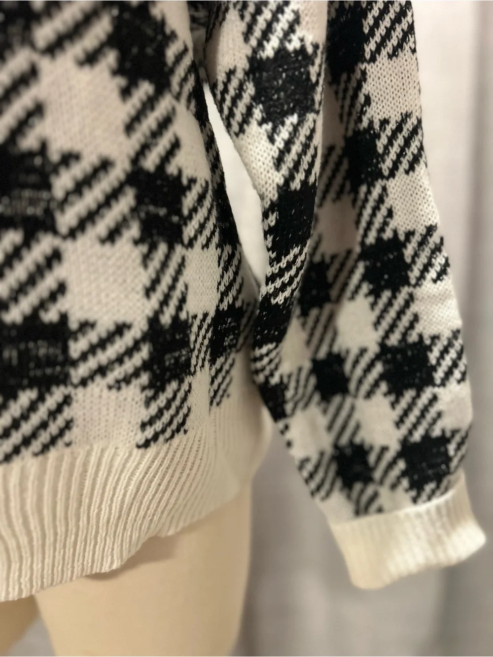 Black & Ivory Houndstooth Crewneck Sweater with Red Script